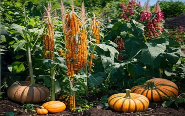 corn stalks with pole beans climbing and squash vines below in three sisters planting
