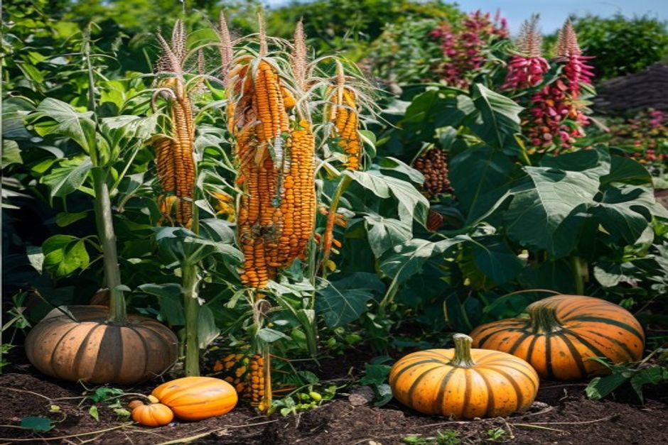 corn stalks with pole beans climbing and squash vines below in three sisters planting