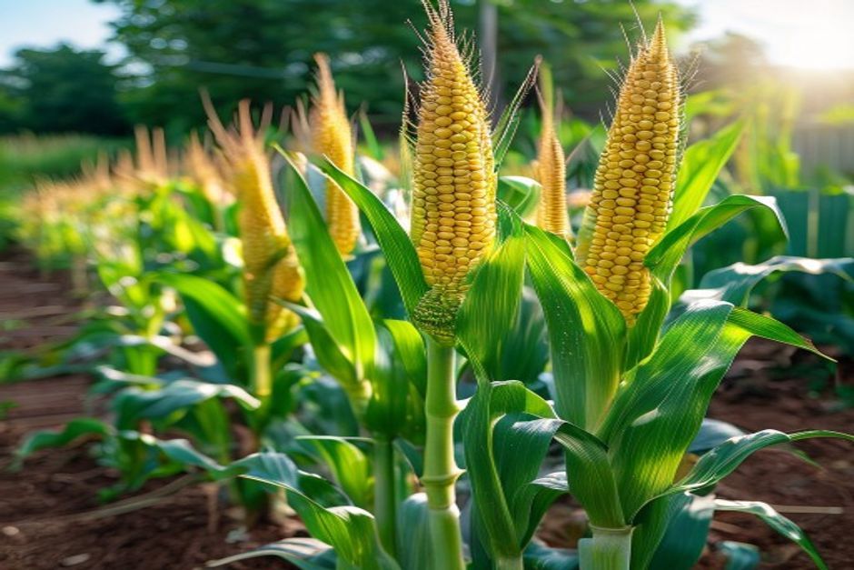 tall green corn stalks with developing ears in a backyard garden