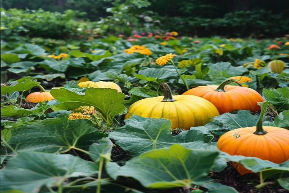 large squash and pumpkin leaves spreading across the garden ground